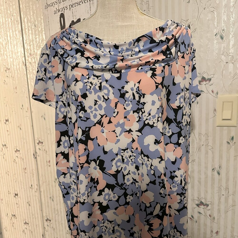 Kasper Blue Pink Floral Womens Top Short Sleeve 3X
